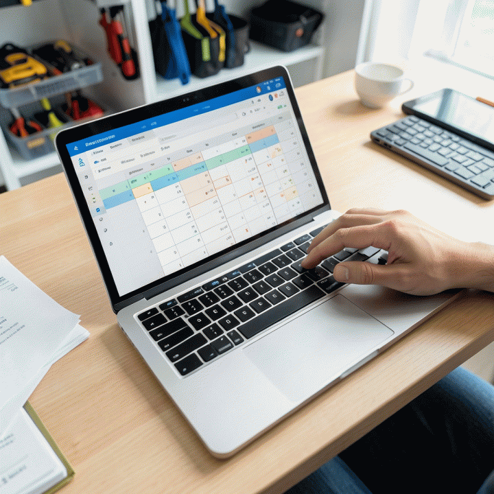 Meja koordinasi yang menunjukkan penjadwalan pemesanan rental yang terorganisir dan efisien menggunakan teknologi digital.