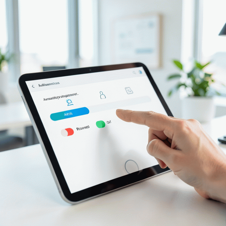 Tampilan antarmuka tablet yang menunjukkan manajemen inventaris secara visual dan terorganisir, fokus pada fitur digitalisasi.