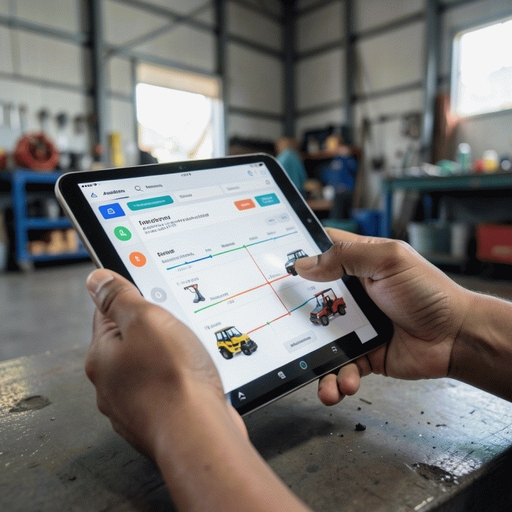 Tangan sedang memantau status inventaris secara real-time menggunakan tablet, menunjukkan kemudahan pelacakan aset digital.