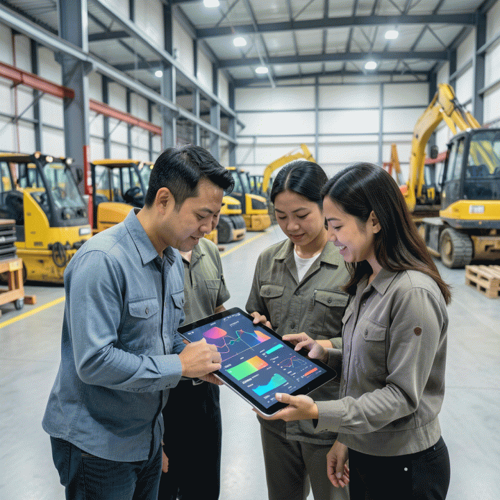 Tim profesional di gudang modern menggunakan tablet untuk mengelola inventaris dan jadwal sewa secara digital, menunjukkan peningkatan efisiensi operasional bisnis rental.