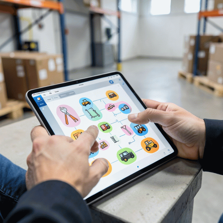 Penggunaan tablet untuk melacak inventaris secara real-time di gudang, menunjukkan sistem manajemen aset digital yang efisien.