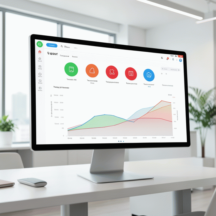 Visualisasi dashboard sistem manajemen inventaris yang menampilkan status aset real-time dan grafik penggunaan dalam tampilan digital yang modern.