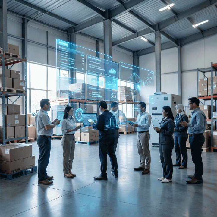 Visualisasi digitalisasi operasional bisnis rental di gudang modern, menunjukkan antarmuka hologram real-time yang melacak inventaris dan jadwal pemesanan secara efisien.