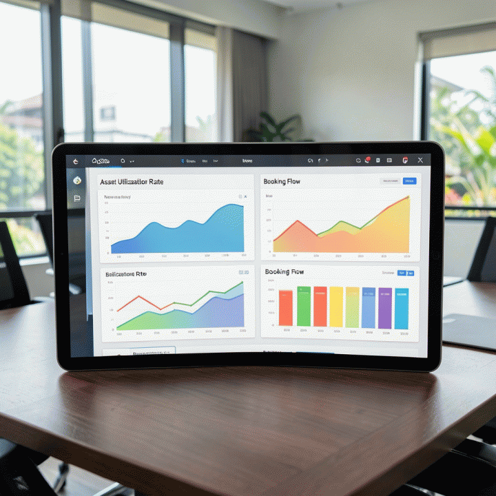 Dashboard digital manajemen aset sewa yang menampilkan grafik efisiensi operasional secara abstrak dan modern.