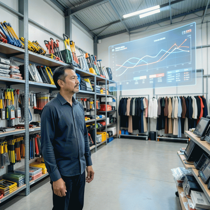 Seorang pengusaha Indonesia berdiri di gudang modern, mengawasi inventaris rental yang terorganisir, dengan visualisasi data digital abstrak di latar belakang yang melambangkan efisiensi operasional.