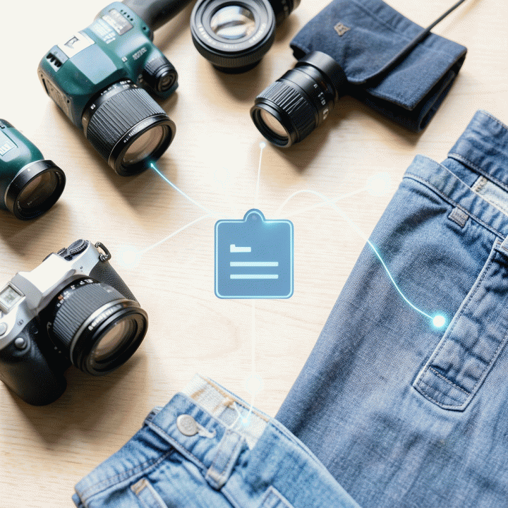 Tata letak flat lay inventaris rental yang terawat dengan penekanan visualisasi sistem pelacakan digital yang terintegrasi.