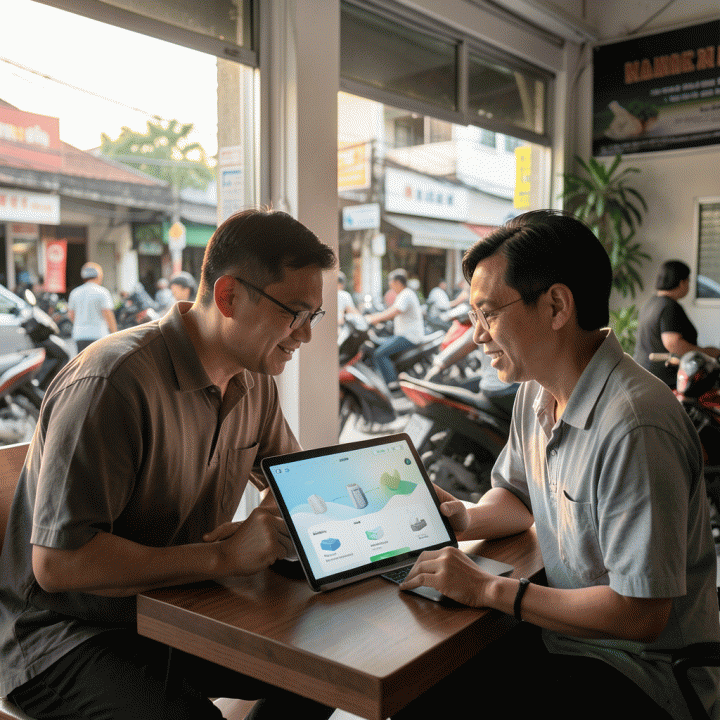 Dua manajer bisnis di toko rental modern berkolaborasi menggunakan tablet yang menampilkan dashboard manajemen pemesanan digital.