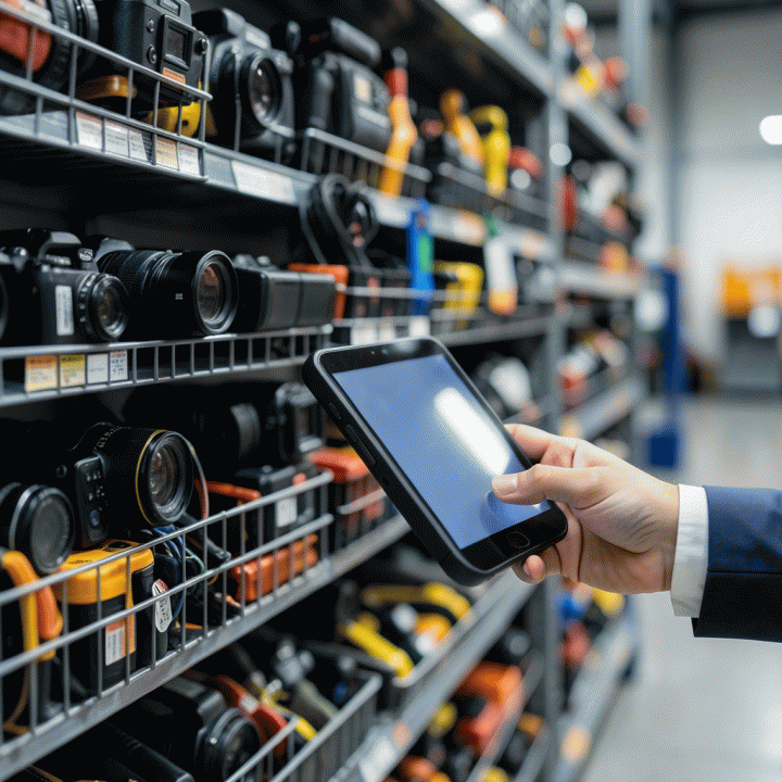 Proses digitalisasi inventaris: Tangan profesional sedang memindai atau mencatat status inventaris alat berat atau peralatan sewaan di gudang yang terorganisir.