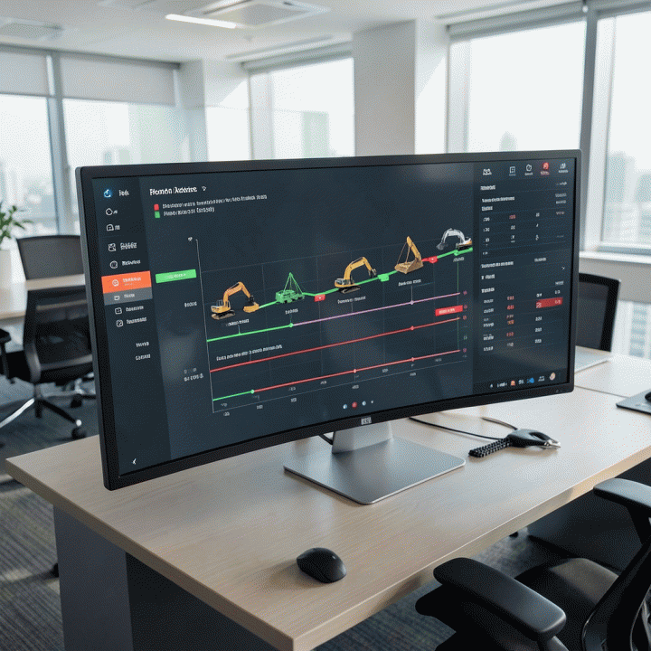 Tampilan dashboard digital yang menunjukkan penjadwalan operasional sewa alat secara efisien dan visual pada layar sentuh besar.