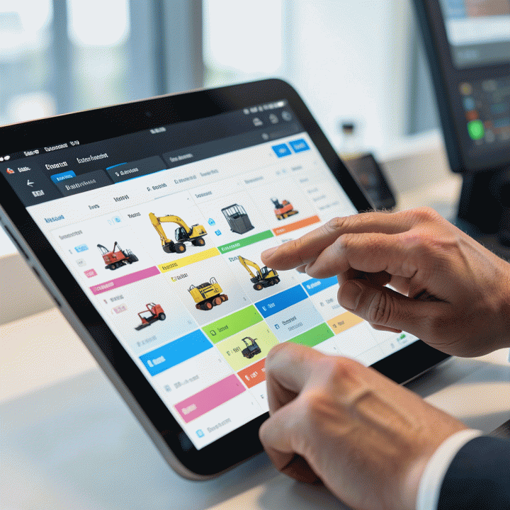 Tangan profesional sedang mengatur jadwal pemesanan alat berat atau inventaris di antarmuka digital yang intuitif, menunjukkan manajemen jadwal real-time.