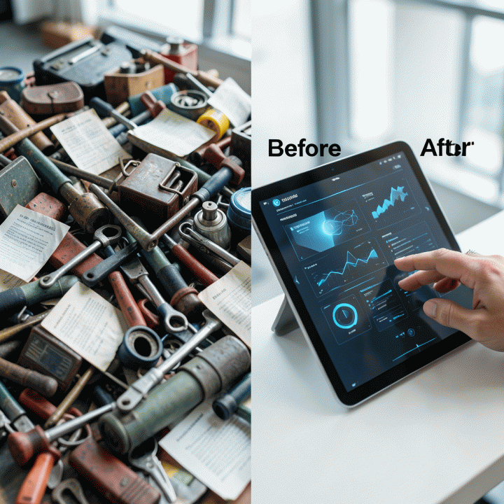 Perbandingan visual antara manajemen inventaris manual yang berantakan (kiri) dengan sistem digital yang terorganisir dan efisien (kanan).