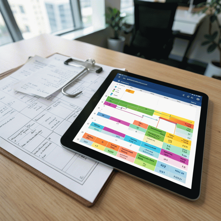 Perbandingan visual dari sistem penjadwalan manual yang berantakan menjadi tampilan digital yang rapi dan terstruktur di tablet.