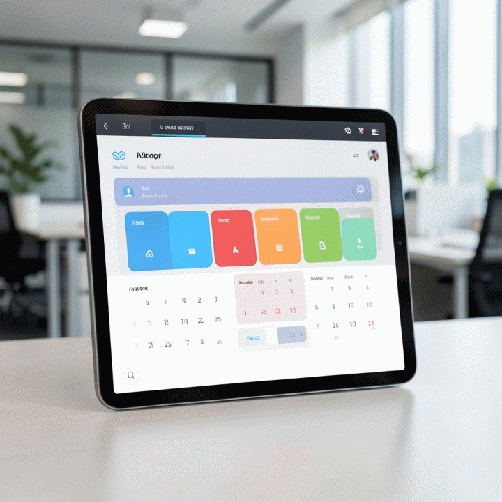 Tampilan tablet yang menunjukkan sistem penjadwalan pemesanan rental yang terstruktur dan digital.