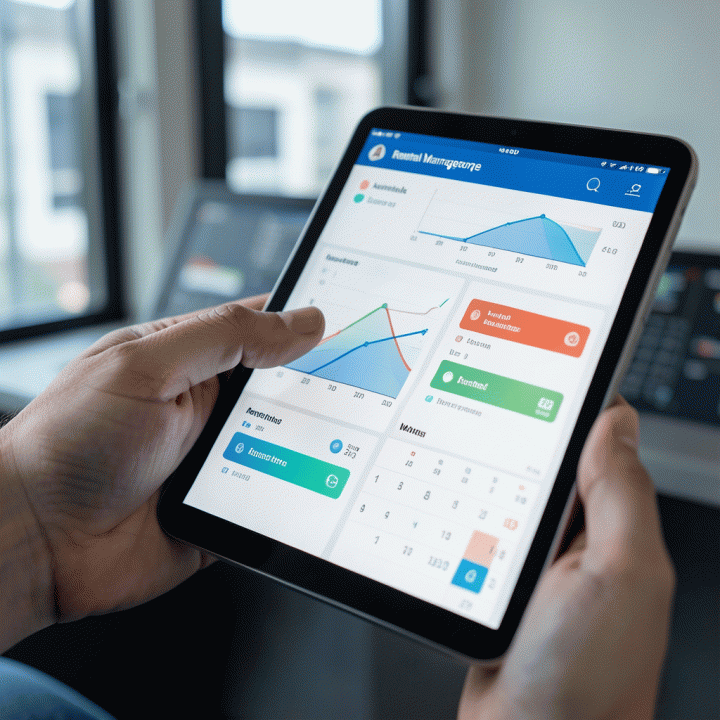 Tampilan tablet yang menunjukkan dashboard manajemen inventaris rental secara digital, dengan grafik dan status ketersediaan aset yang terorganisir.