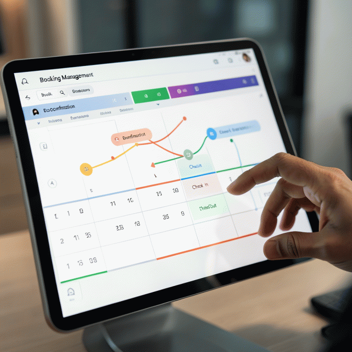 Antarmuka digital manajemen pemesanan yang rapi dan otomatis, menunjukkan alur booking yang efisien.
