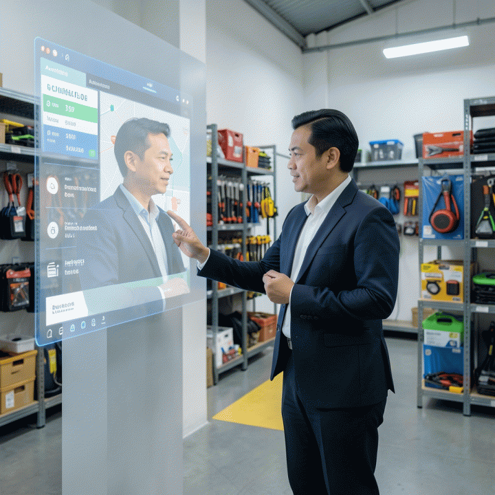 Manajer bisnis rental menggunakan sistem digital untuk melacak inventaris secara real-time di gudang yang terorganisir.