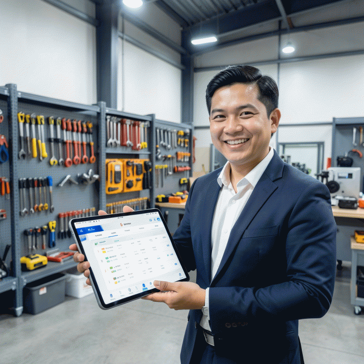 Seorang manajer bisnis di gudang modern menggunakan tablet untuk mengelola inventaris rental secara digital, menunjukkan efisiensi operasional.