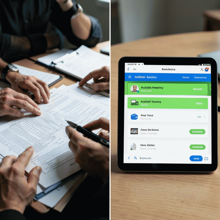 Perbandingan visual antara sistem pencatatan inventaris manual yang berantakan dengan sistem digital yang rapi dan real-time.