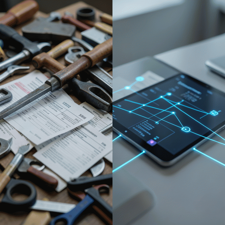 Perbandingan visual antara kekacauan operasional manual (kertas dan tumpukan alat) versus kerapian operasional digital (tampilan tablet dan tata letak rapi).
