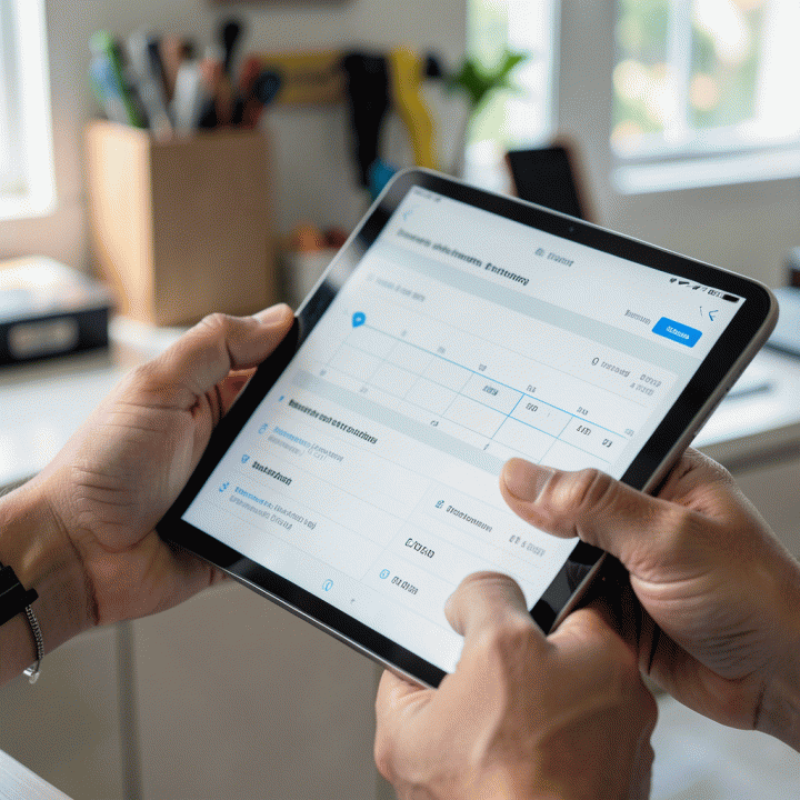 Tangan yang profesional berinteraksi dengan tablet digital yang menampilkan jadwal pemesanan dan status inventaris secara real-time, menggambarkan kemudahan manajemen operasional.