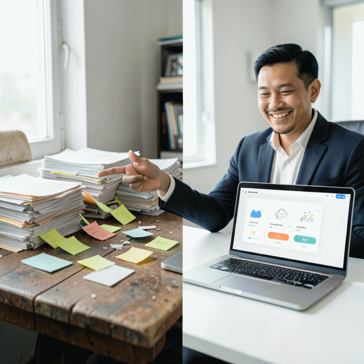 Perbandingan visual antara tumpukan dokumen fisik yang kacau di sisi kiri dengan antarmuka digital yang rapi dan terintegrasi di sisi kanan, melambangkan solusi digitalisasi.