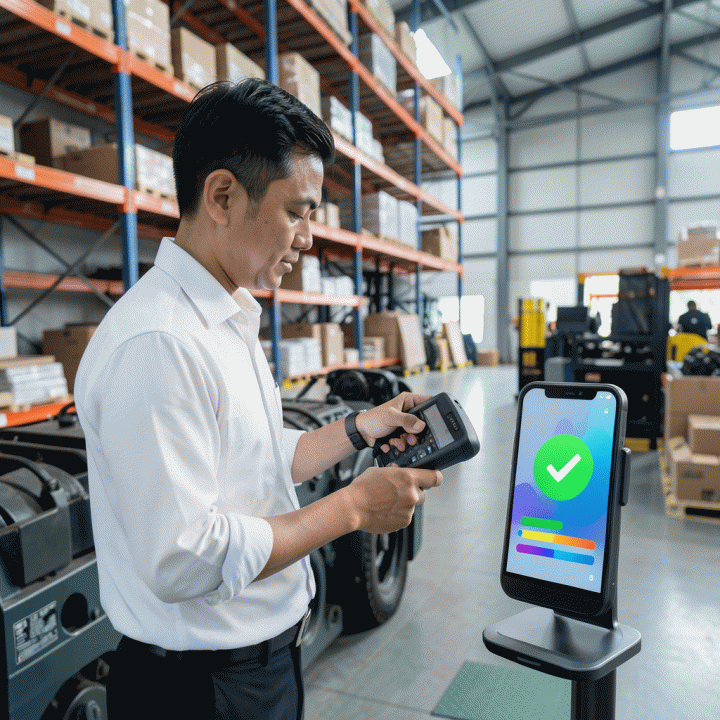 Pekerja gudang rental menggunakan scanner barcode dan ponsel dengan antarmuka inventaris digital.