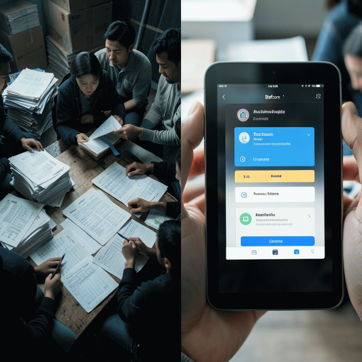Perbandingan antara proses operasional manual yang kacau di satu sisi, dan proses digital otomatis yang efisien di sisi lain.