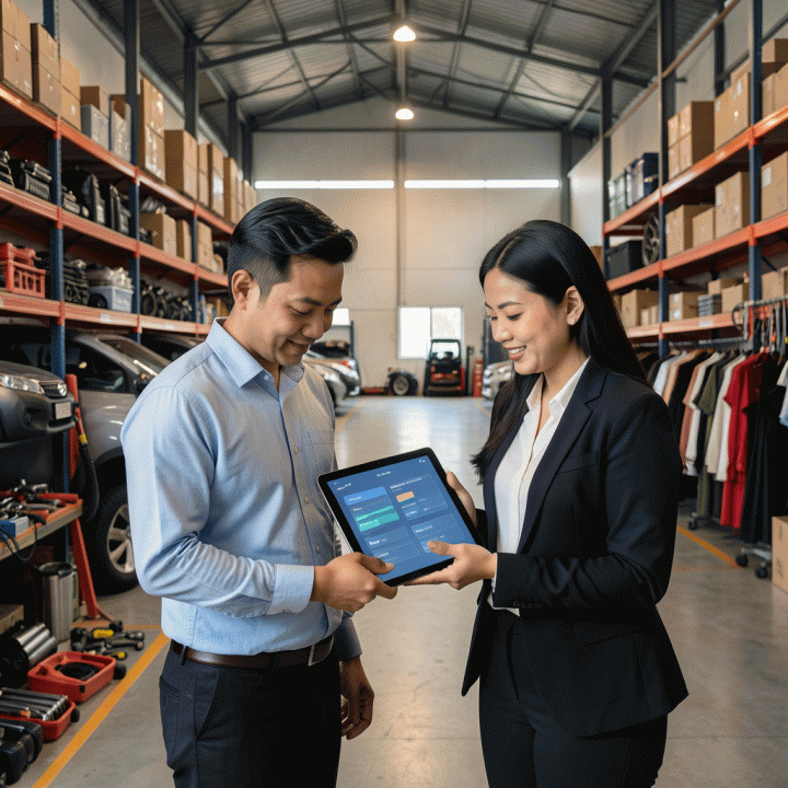 Pasangan profesional sedang melihat dashboard digitalisasi operasional bisnis rental di sebuah gudang yang terorganisir, melambangkan transisi dari manual ke sistem digital.