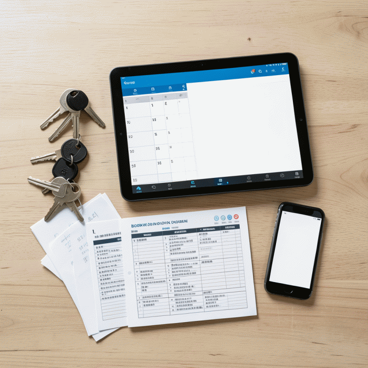 Komposisi flat lay yang membandingkan kekacauan manual (kertas, kunci) dengan keteraturan digital (tablet dan checklist), melambangkan solusi digitalisasi.