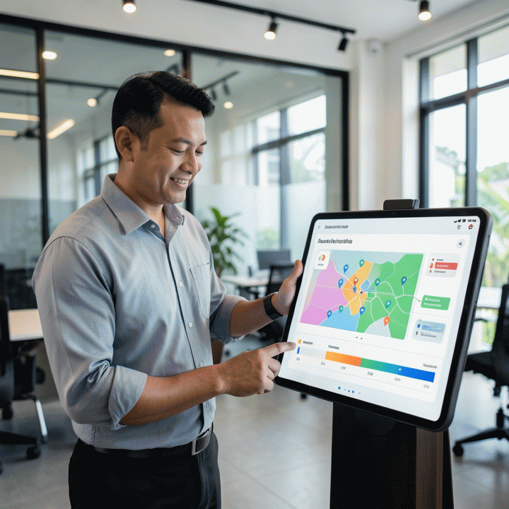 Pemilik bisnis rental berinteraksi dengan dashboard digital di lokasi, menunjukkan manajemen inventaris real-time yang efisien.