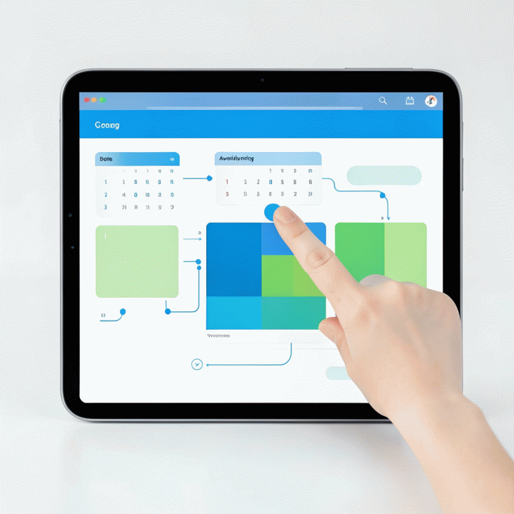 Tampilan antarmuka digital platform booking yang mudah digunakan pada tablet, menunjukkan penjadwalan yang terorganisir tanpa teks yang terbaca.