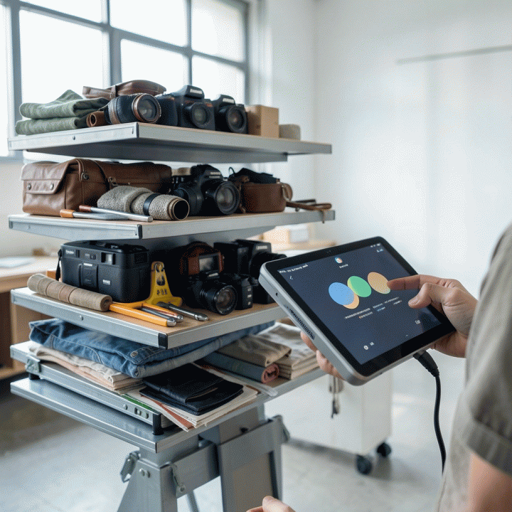 Penggunaan scanner digital pada inventaris rental yang berantakan, menunjukkan proses manajemen inventaris real-time yang rapi dan efisien.
