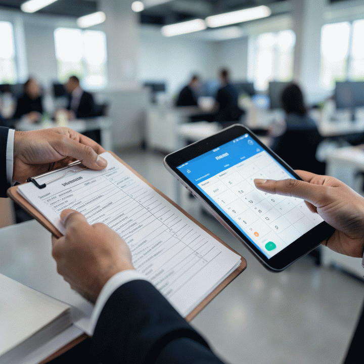 Perbandingan antara pencatatan inventaris manual di kertas dan tampilan kalender booking yang terorganisir di tablet.