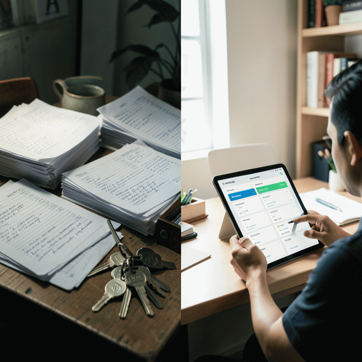 Perbandingan antara operasional rental manual yang kacau balau dan sistem digital yang terorganisir.