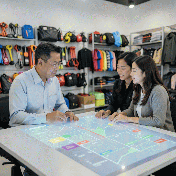 Seorang pemilik bisnis rental dan manajernya melihat dashboard digital yang menampilkan manajemen inventaris dan jadwal pemesanan yang terorganisir, melambangkan digitalisasi operasional bisnis rental modern di Indonesia.