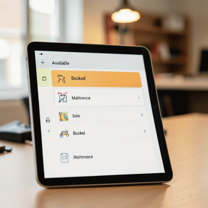 Tampilan dekat tablet yang menunjukkan antarmuka manajemen inventaris yang abstrak dan berwarna, memudahkan pelacakan status aset rental secara real-time.