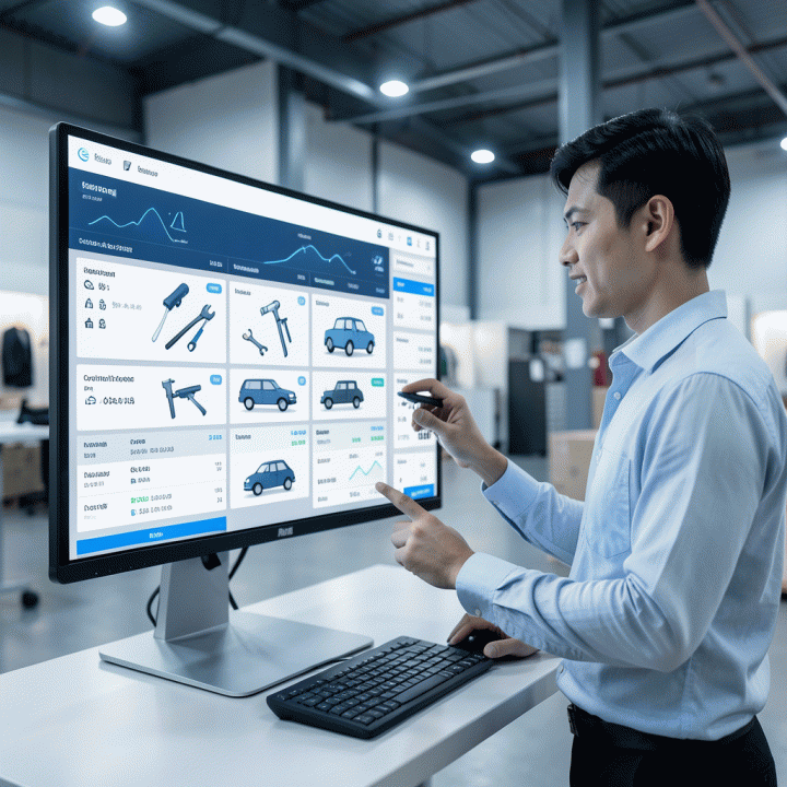 Manajer bisnis rental modern sedang meninjau dashboard manajemen operasional digital di latar belakang gudang yang rapi, menunjukkan efisiensi dan pelacakan inventaris secara real-time.