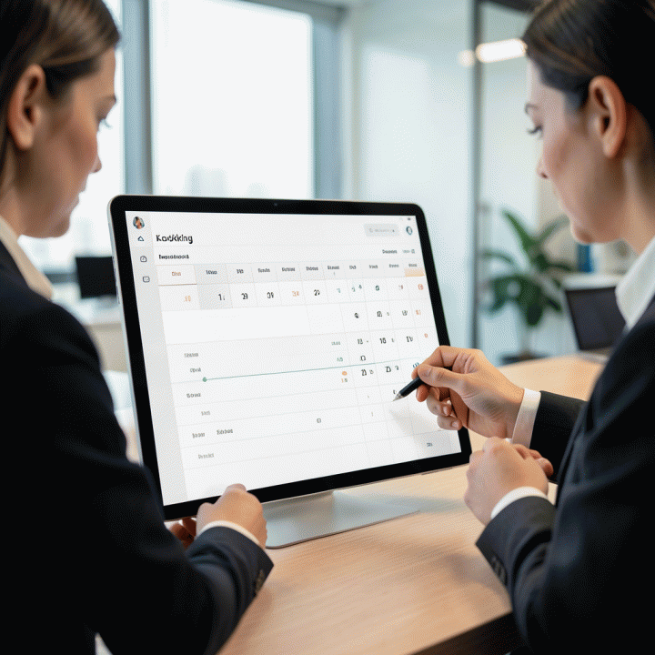 Dua profesional bisnis sedang meninjau jadwal pemesanan sewa yang terstruktur dengan rapi di layar digital besar.