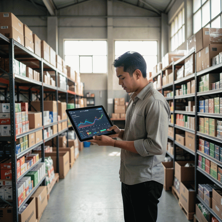 Seorang seller muda Indonesia di gudang e-commerce yang tertata rapi, menggunakan tablet untuk menganalisis data penjualan dan strategi bisnis modern, melambangkan pertumbuhan bisnis digital.