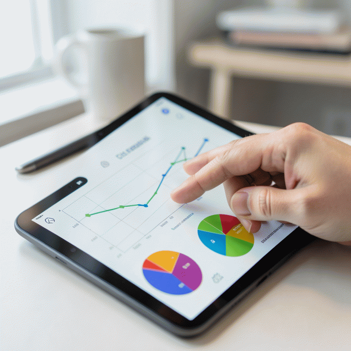 Detail tangan yang sedang menganalisis dashboard analitik bisnis di tablet, menampilkan grafik pertumbuhan abstrak dan rekomendasi strategi.