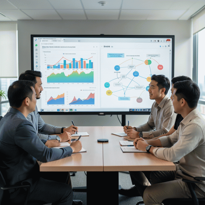 Tim profesional Indonesia berdiskusi di sekitar layar besar yang menampilkan model analisis data dan strategi bisnis digital, menekankan kolaborasi dalam optimasi usaha.