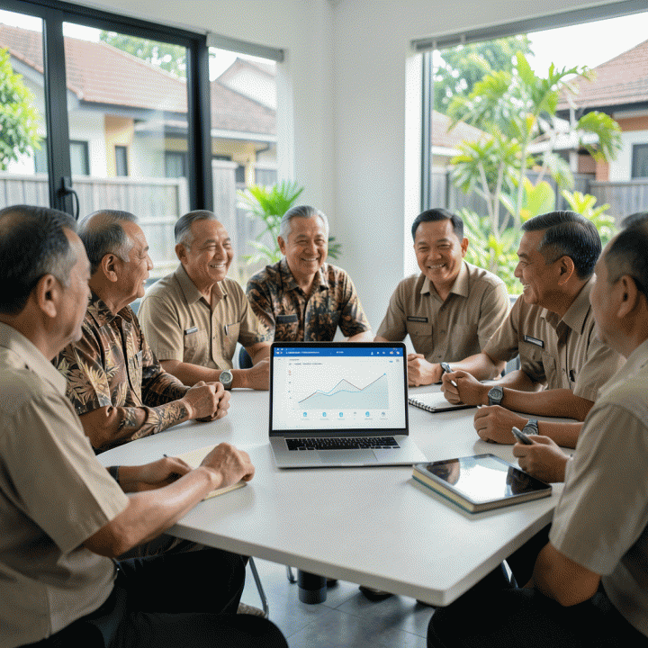 Pengurus RT/RW Indonesia yang berdiskusi di ruang pertemuan modern, menggunakan laptop dan tablet untuk mengelola data komunitas secara digital, menunjukkan transisi dari administrasi manual ke sistem digital yang efisien.