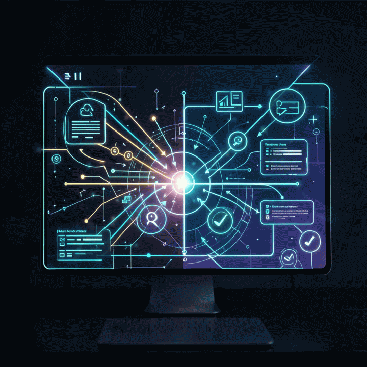 Visualisasi transisi dari dokumen kertas yang berantakan menjadi alur kerja digital yang terorganisir.