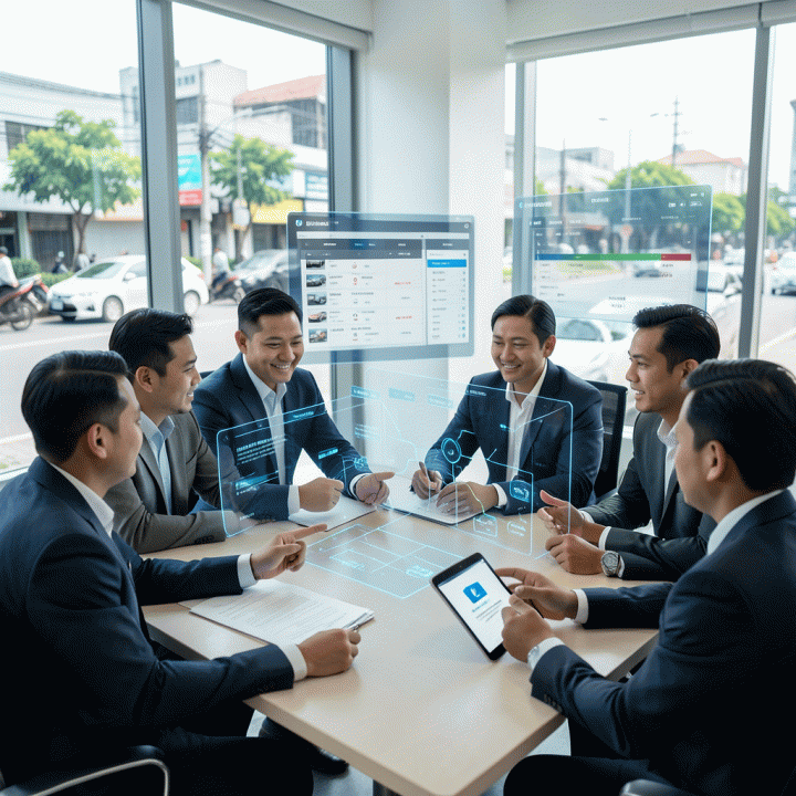 Visualisasi modernisasi operasional rental mobil di Indonesia melalui teknologi digital, menunjukkan manajer dan pemilik bisnis berinteraksi dengan dashboard manajemen inventaris digital yang canggih di kantor yang terang.