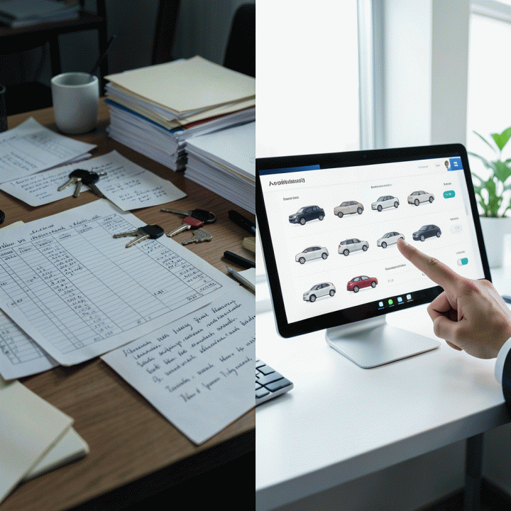 Perbandingan visual antara operasional rental mobil manual yang berantakan dengan sistem digital yang terorganisir secara real-time.