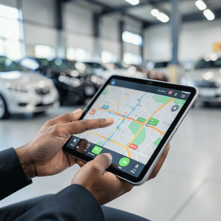 Interaksi tangan profesional dengan dashboard pelacakan aset kendaraan digital di lokasi rental mobil modern.