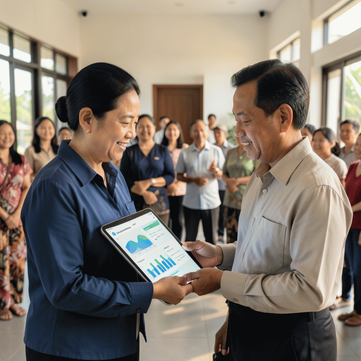 Seorang pengurus komunitas modern Indonesia menggunakan tablet untuk mengelola data iuran warga secara digital di ruang pertemuan yang terang.