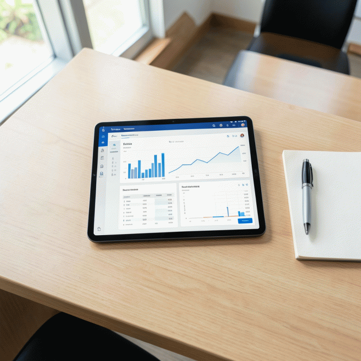 Dashboard keuangan digital yang menunjukkan laporan iuran warga yang transparan di atas meja kantor modern.