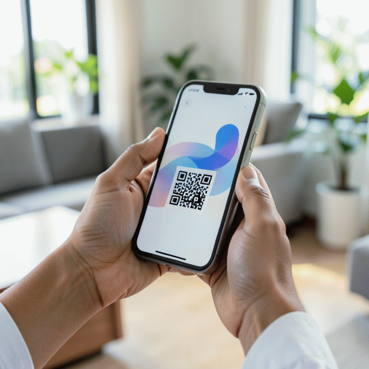Tangan pengurus sedang memindai QR code pembayaran iuran warga menggunakan smartphone, menunjukkan proses transaksi yang mudah.