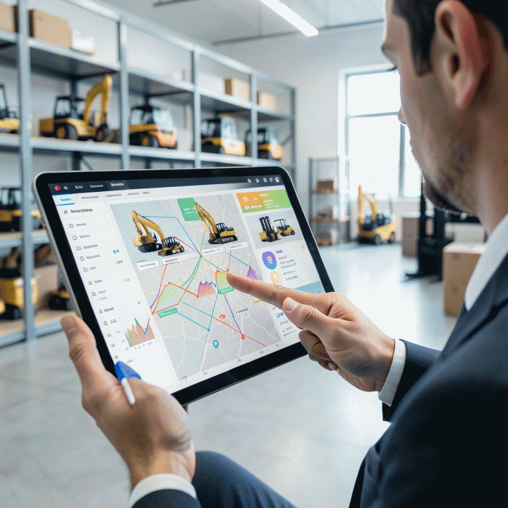 Manajer menganalisis dashboard digital manajemen inventaris dan jadwal alat berat di kantor modern.
